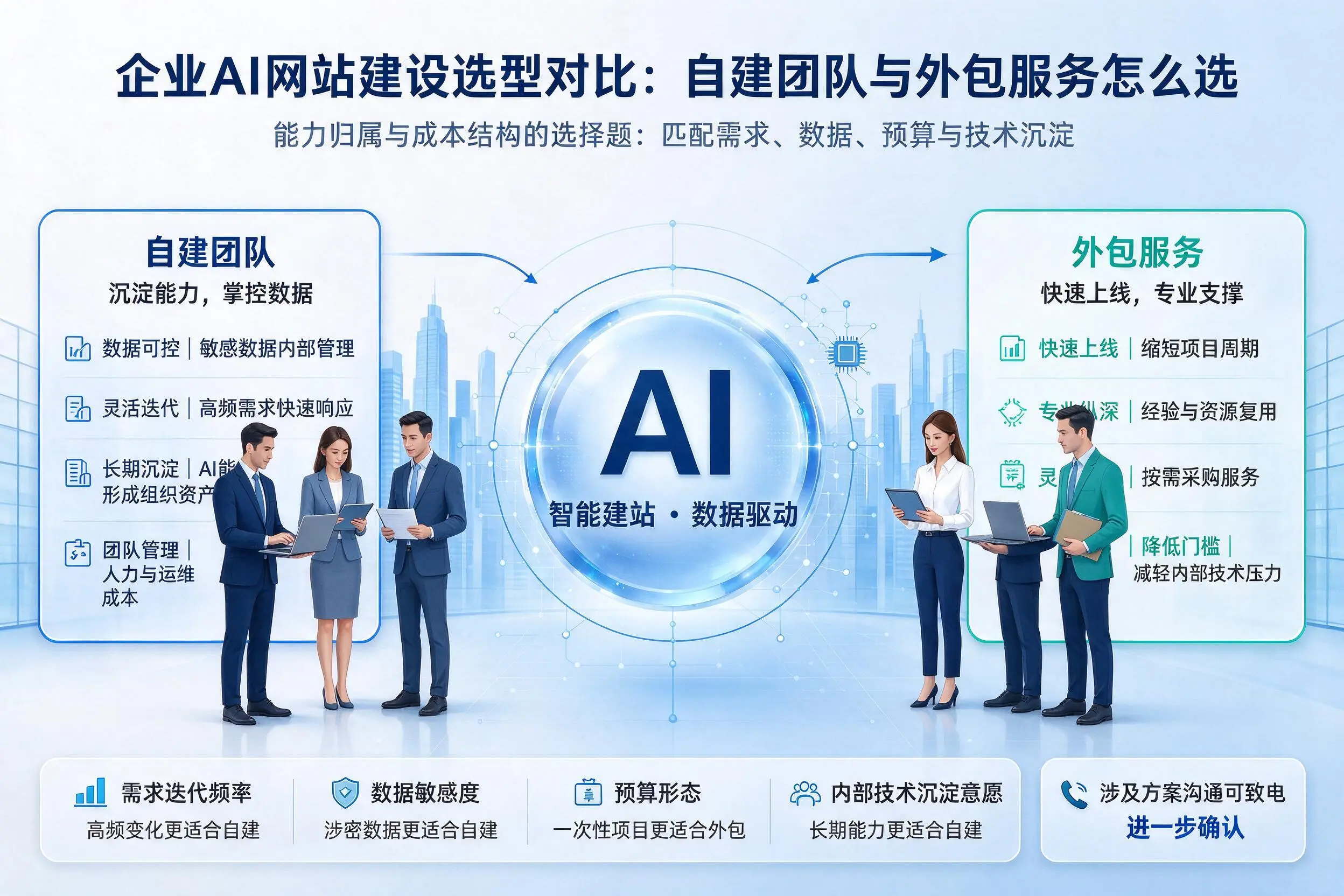 赤峰企业AI网站建设选型对比:自建团队与外包服务怎么选